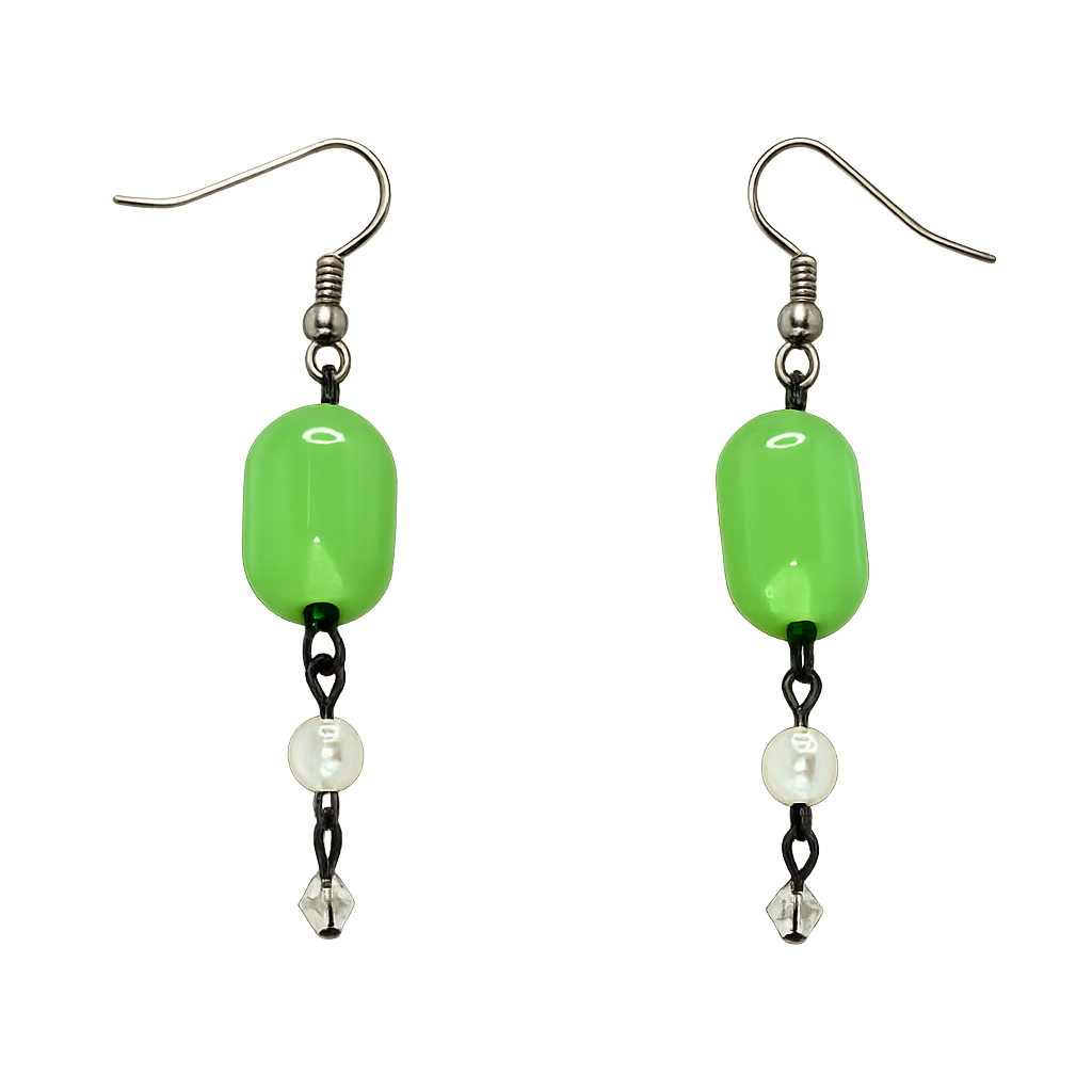 Handmade Green Glass & Pearl Dangle Earrings